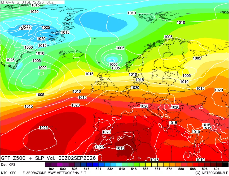 mappa GFS: Geopotenziale a 500 hPa + Pressione sul livello del mare