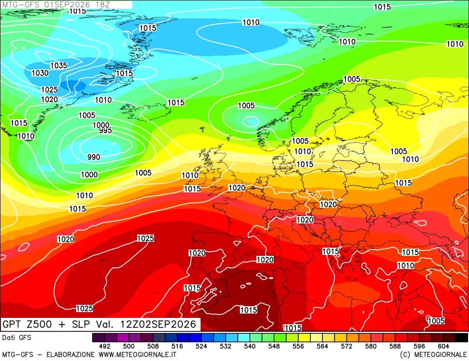 mappa GFS: Geopotenziale a 500 hPa + Pressione sul livello del mare