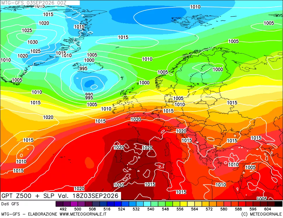 mappa GFS: Geopotenziale a 500 hPa + Pressione sul livello del mare