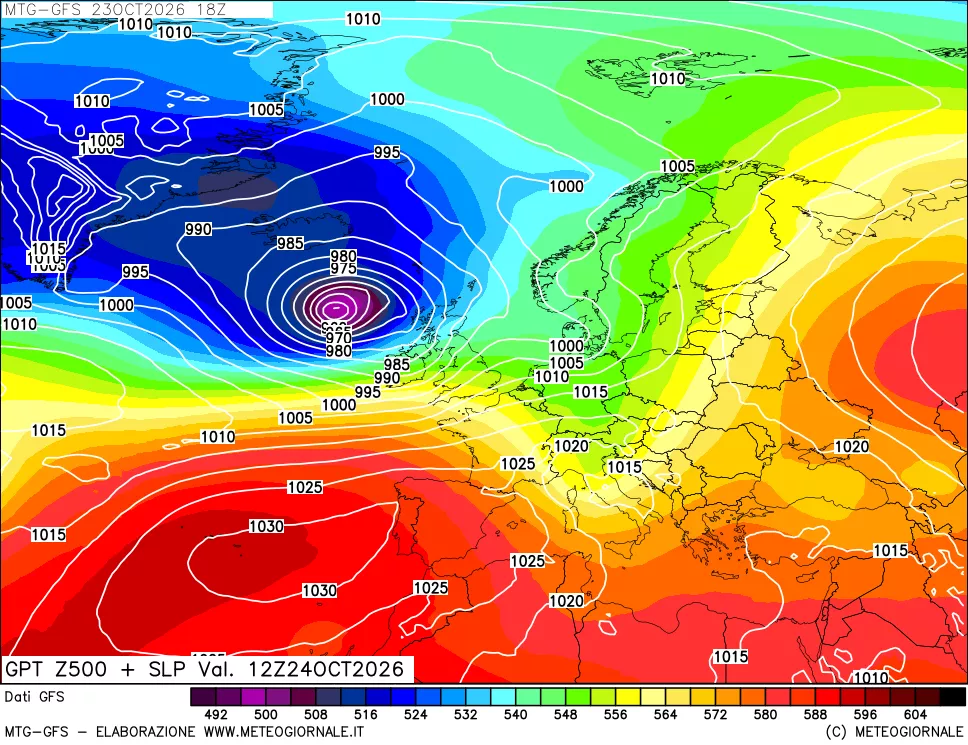mappa GFS: Geopotenziale a 500 hPa + Pressione sul livello del mare