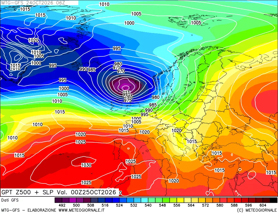 mappa GFS: Geopotenziale a 500 hPa + Pressione sul livello del mare