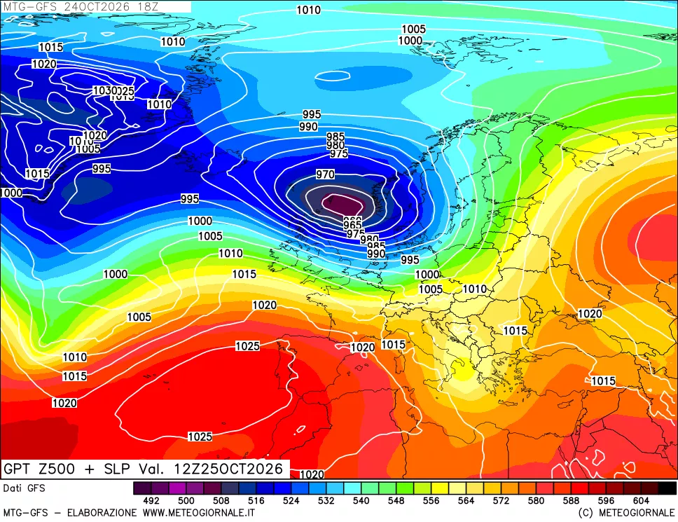mappa GFS: Geopotenziale a 500 hPa + Pressione sul livello del mare