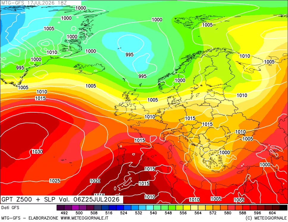 mappa GFS: Geopotenziale a 500 hPa + Pressione sul livello del mare