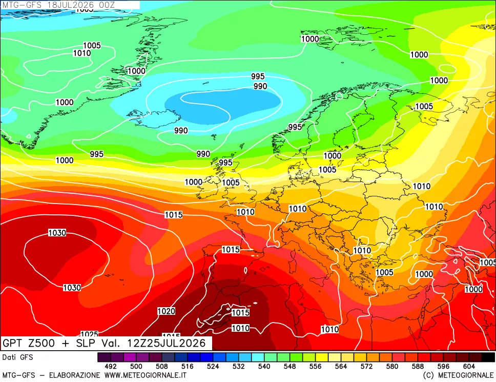 mappa GFS: Geopotenziale a 500 hPa + Pressione sul livello del mare