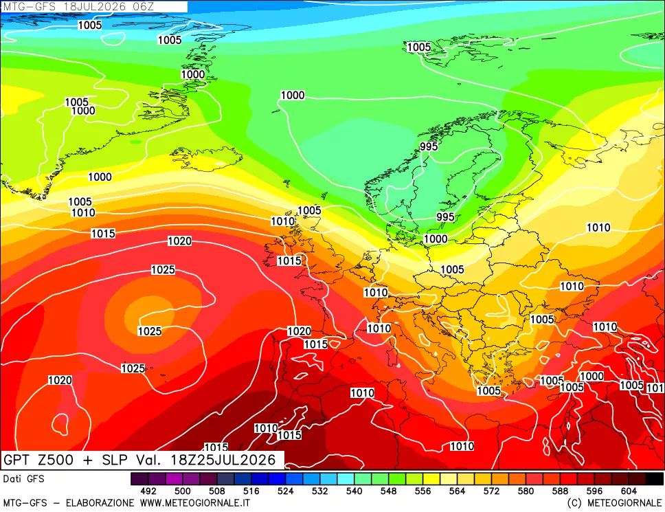 mappa GFS: Geopotenziale a 500 hPa + Pressione sul livello del mare