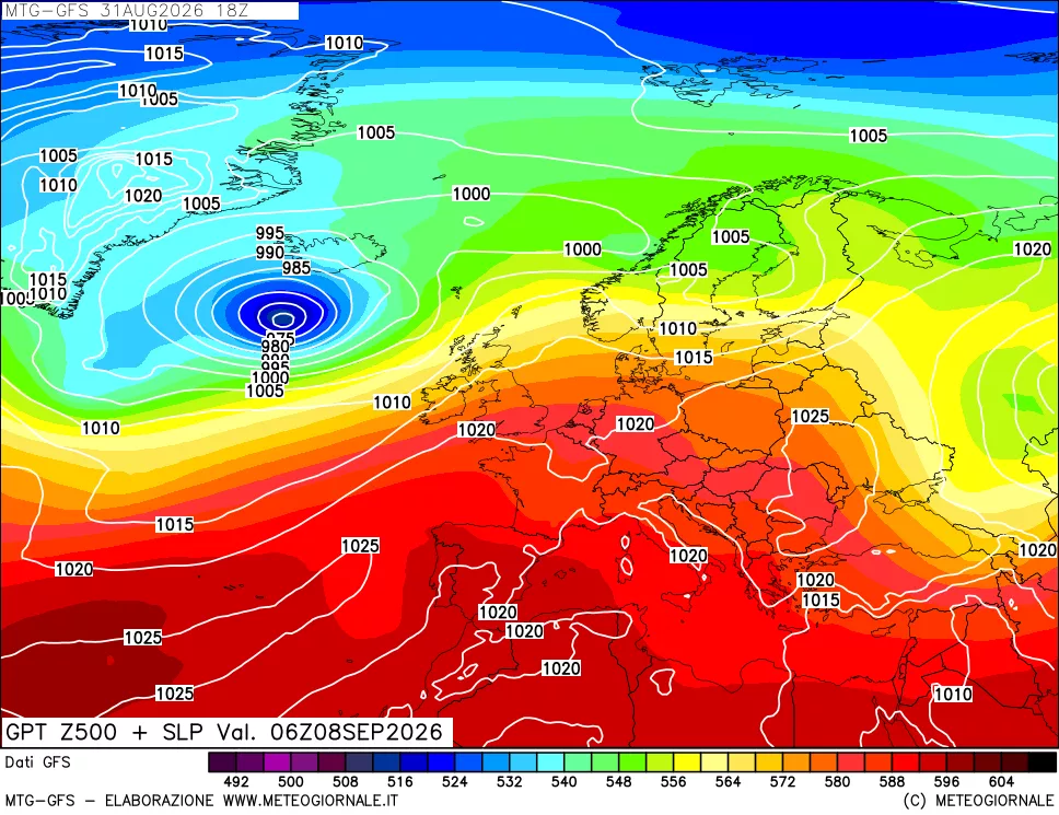 mappa GFS: Geopotenziale a 500 hPa + Pressione sul livello del mare