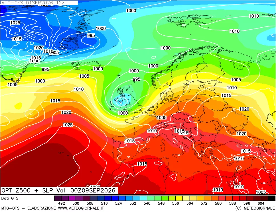mappa GFS: Geopotenziale a 500 hPa + Pressione sul livello del mare