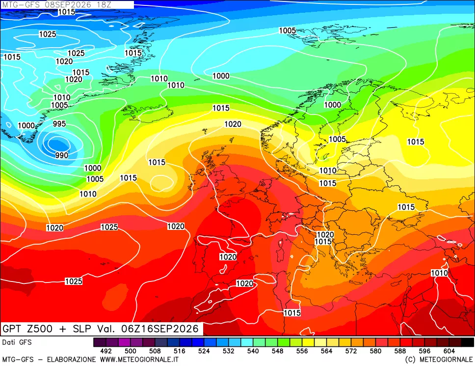 mappa GFS: Geopotenziale a 500 hPa + Pressione sul livello del mare