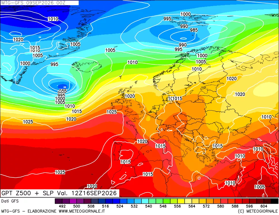 mappa GFS: Geopotenziale a 500 hPa + Pressione sul livello del mare