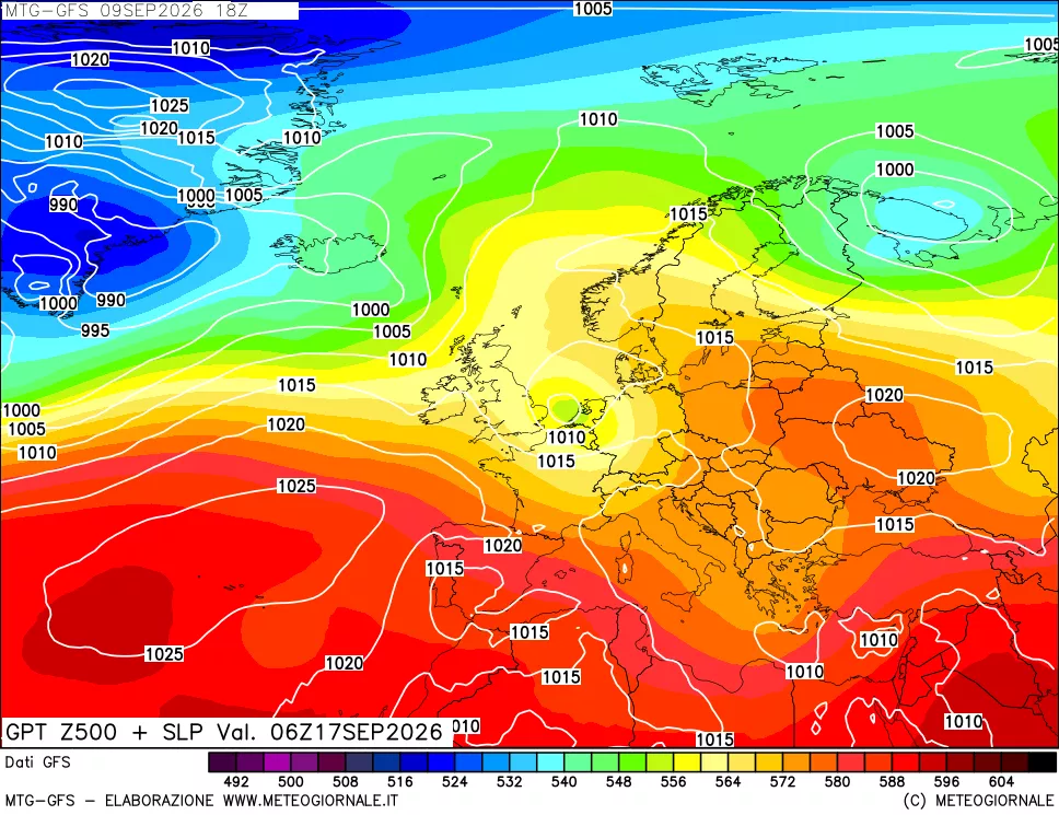 mappa GFS: Geopotenziale a 500 hPa + Pressione sul livello del mare