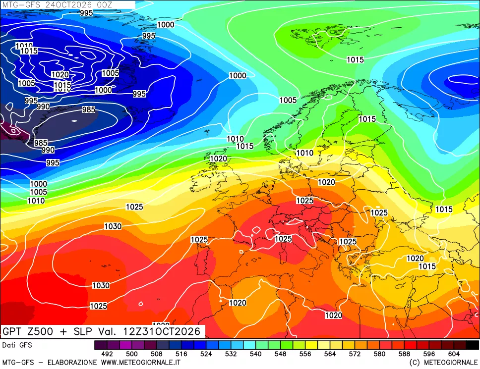 mappa GFS: Geopotenziale a 500 hPa + Pressione sul livello del mare