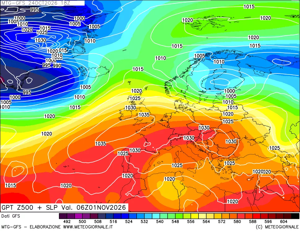 mappa GFS: Geopotenziale a 500 hPa + Pressione sul livello del mare