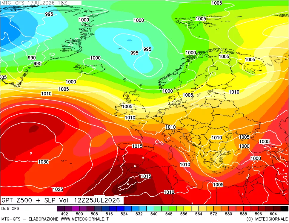 mappa GFS: Geopotenziale a 500 hPa + Pressione sul livello del mare