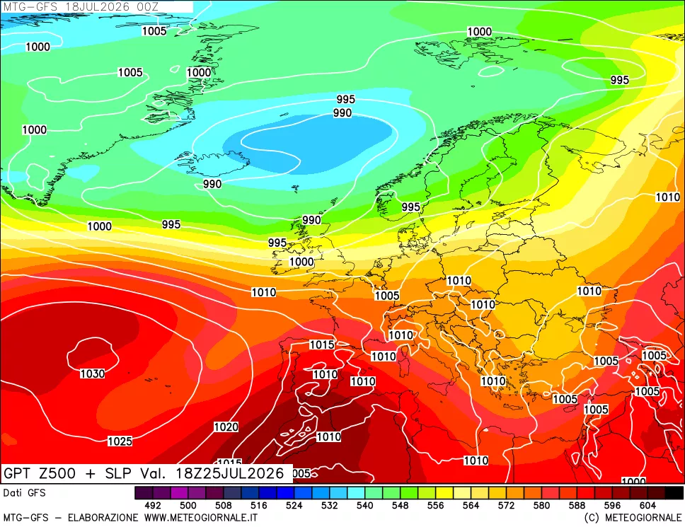 mappa GFS: Geopotenziale a 500 hPa + Pressione sul livello del mare