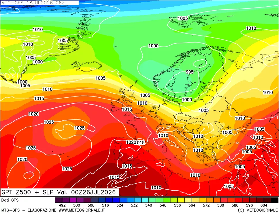 mappa GFS: Geopotenziale a 500 hPa + Pressione sul livello del mare