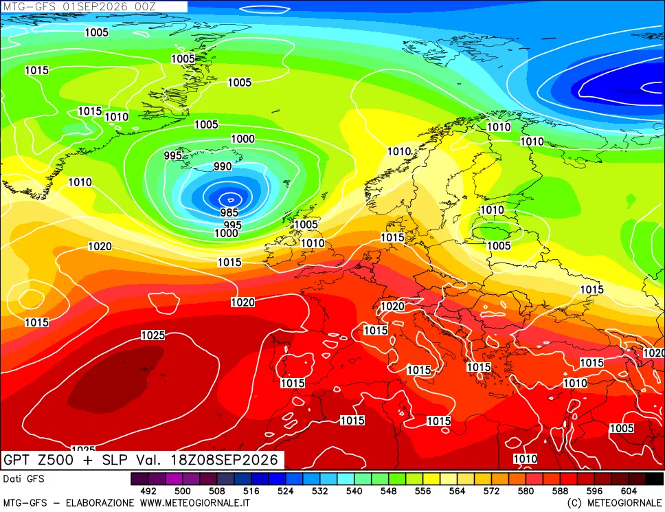 mappa GFS: Geopotenziale a 500 hPa + Pressione sul livello del mare