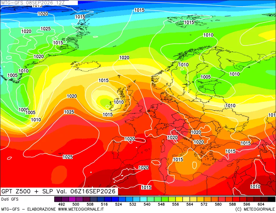 mappa GFS: Geopotenziale a 500 hPa + Pressione sul livello del mare