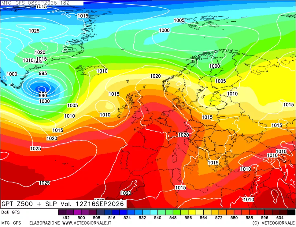 mappa GFS: Geopotenziale a 500 hPa + Pressione sul livello del mare