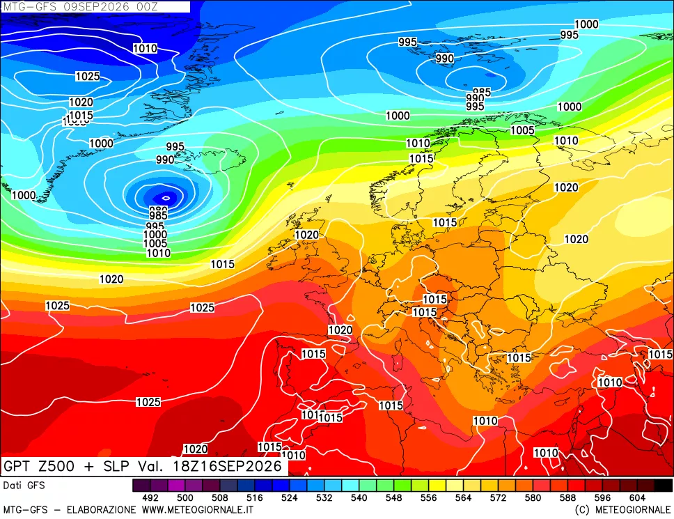 mappa GFS: Geopotenziale a 500 hPa + Pressione sul livello del mare