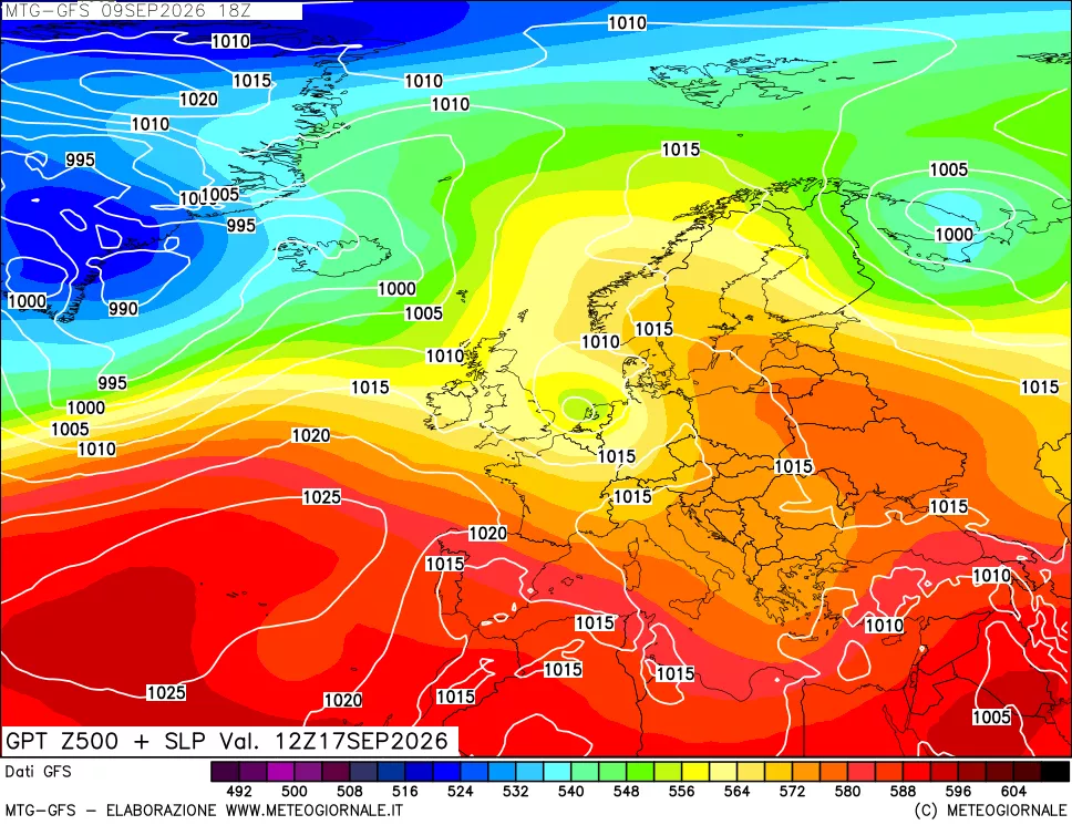 mappa GFS: Geopotenziale a 500 hPa + Pressione sul livello del mare