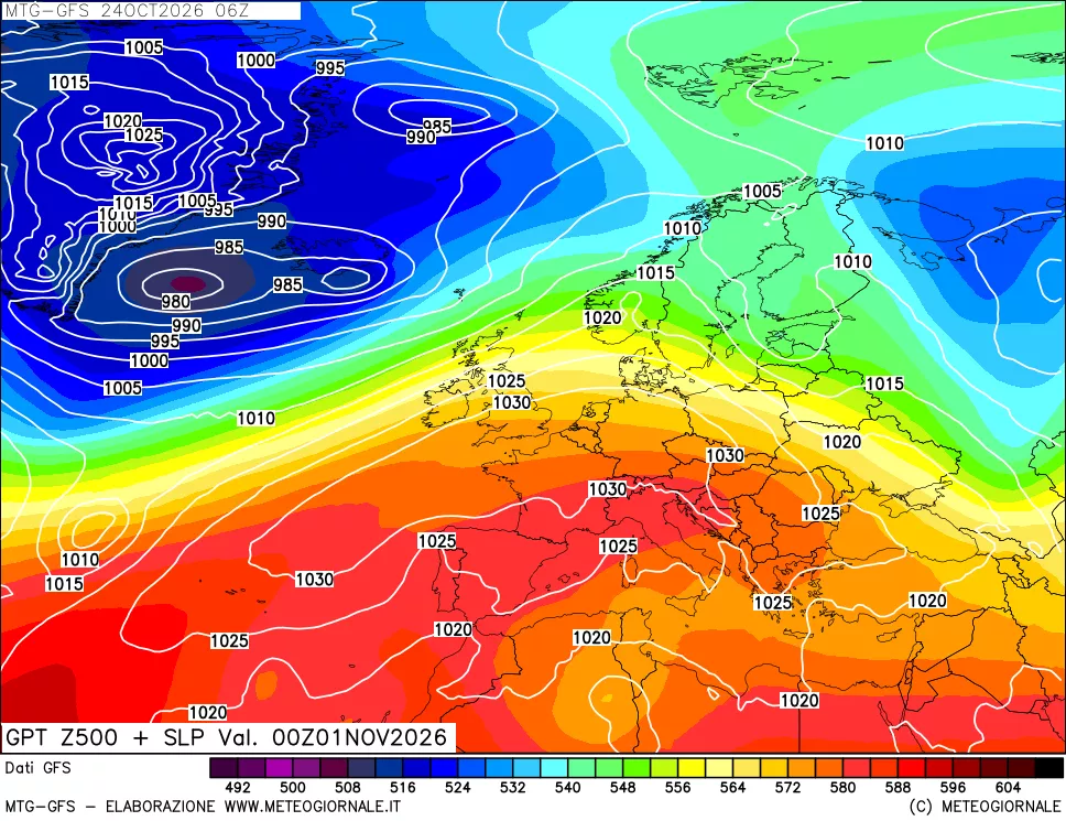 mappa GFS: Geopotenziale a 500 hPa + Pressione sul livello del mare