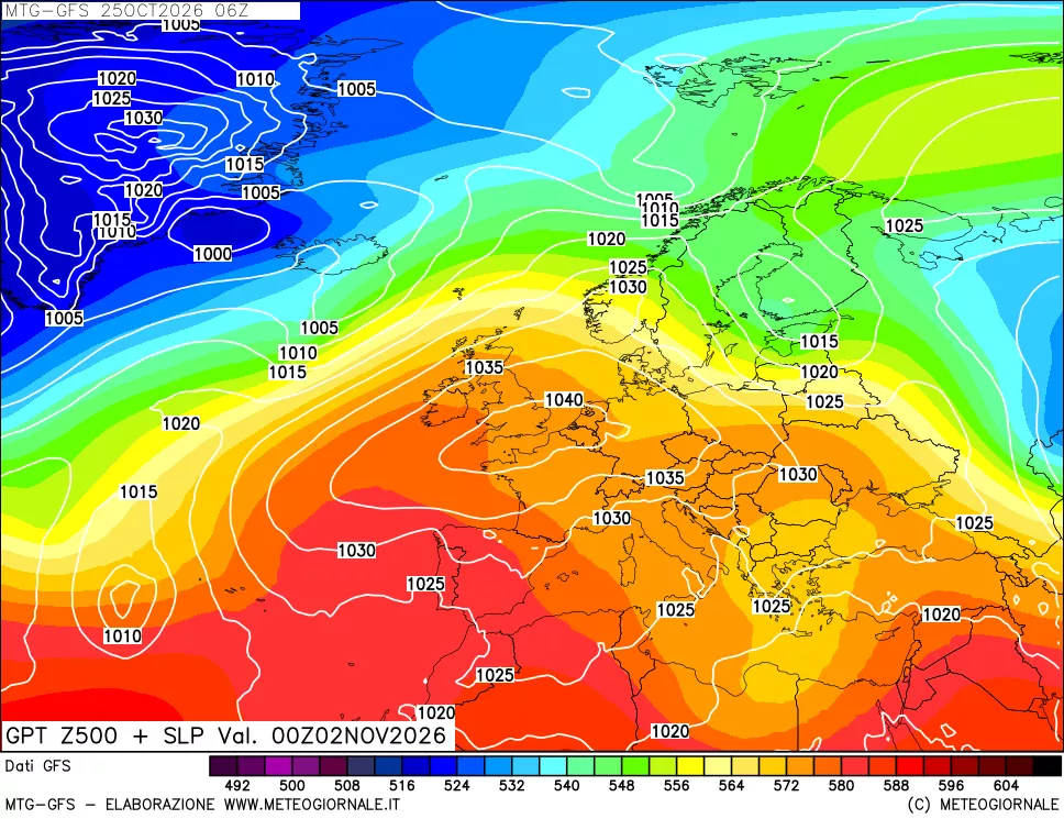 mappa GFS: Geopotenziale a 500 hPa + Pressione sul livello del mare