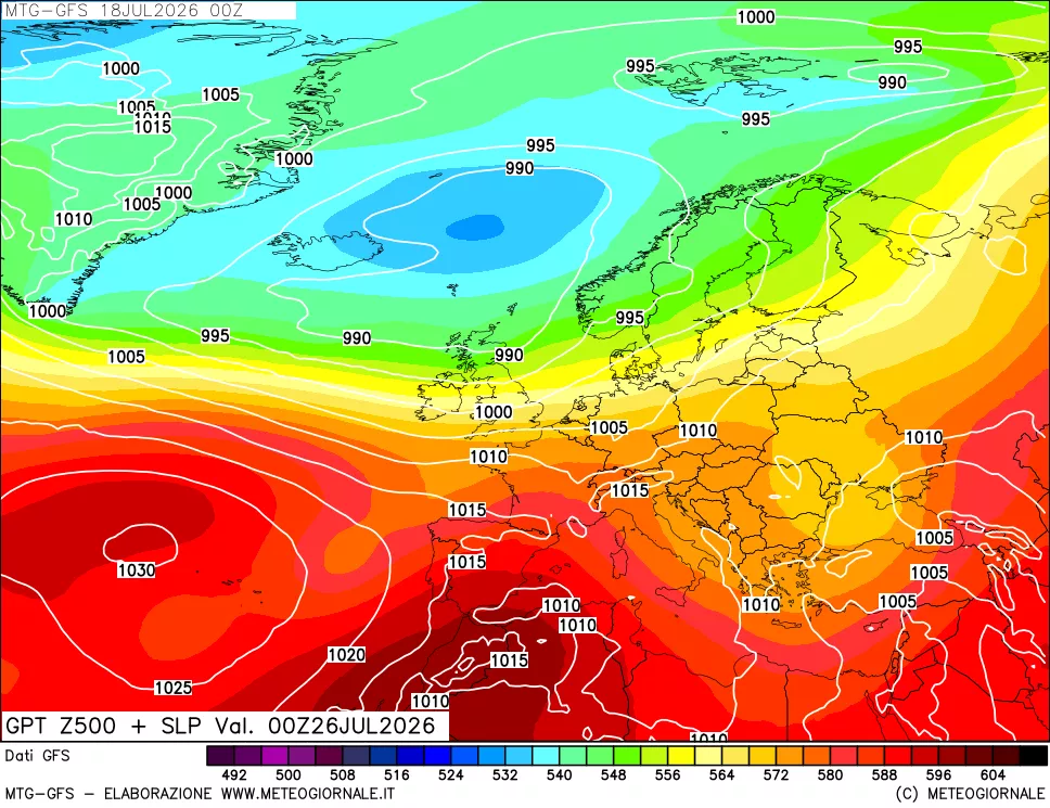 mappa GFS: Geopotenziale a 500 hPa + Pressione sul livello del mare