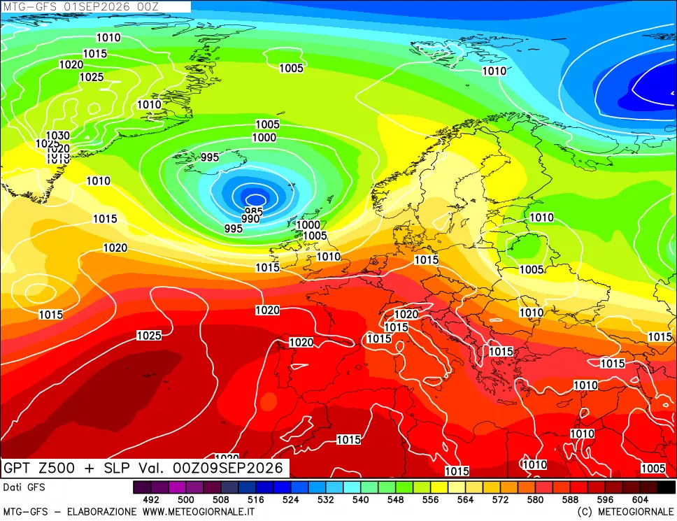 mappa GFS: Geopotenziale a 500 hPa + Pressione sul livello del mare