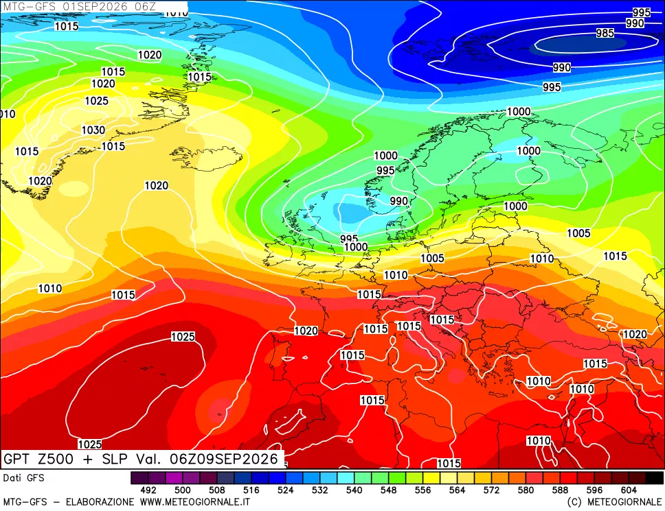 mappa GFS: Geopotenziale a 500 hPa + Pressione sul livello del mare