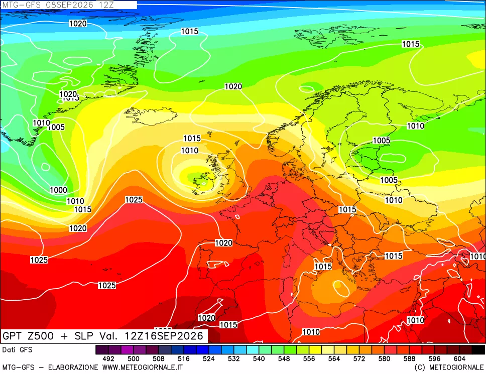 mappa GFS: Geopotenziale a 500 hPa + Pressione sul livello del mare