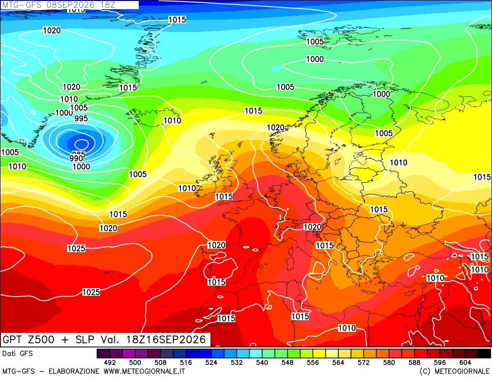 mappa GFS: Geopotenziale a 500 hPa + Pressione sul livello del mare