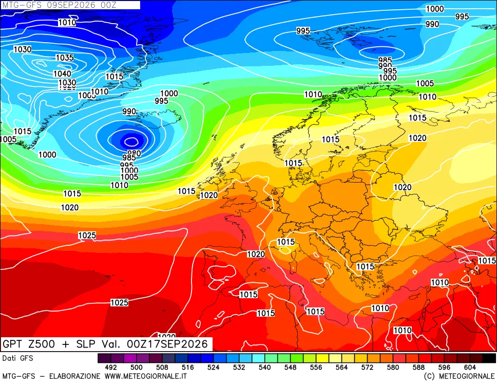 mappa GFS: Geopotenziale a 500 hPa + Pressione sul livello del mare