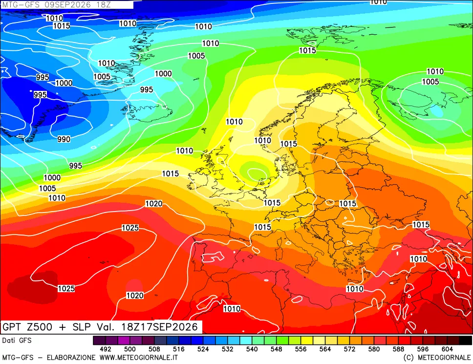 mappa GFS: Geopotenziale a 500 hPa + Pressione sul livello del mare