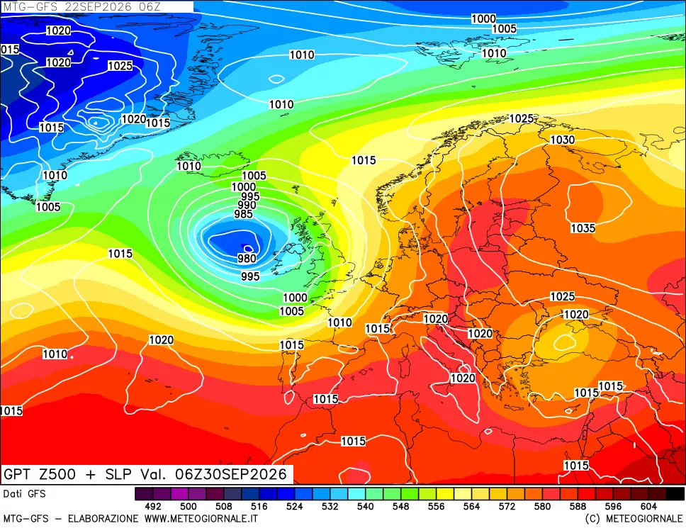 mappa GFS: Geopotenziale a 500 hPa + Pressione sul livello del mare