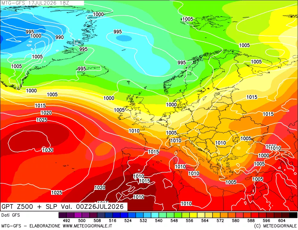 mappa GFS: Geopotenziale a 500 hPa + Pressione sul livello del mare