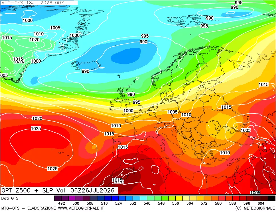 mappa GFS: Geopotenziale a 500 hPa + Pressione sul livello del mare