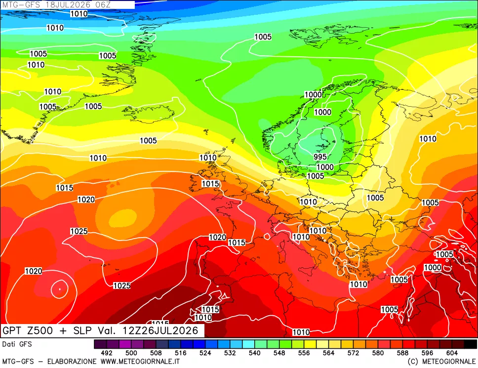 mappa GFS: Geopotenziale a 500 hPa + Pressione sul livello del mare