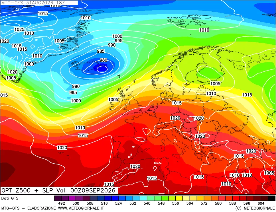 mappa GFS: Geopotenziale a 500 hPa + Pressione sul livello del mare