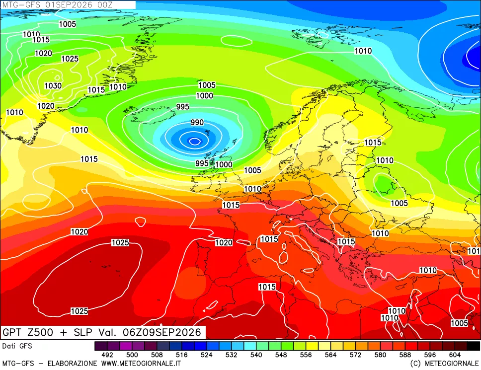 mappa GFS: Geopotenziale a 500 hPa + Pressione sul livello del mare