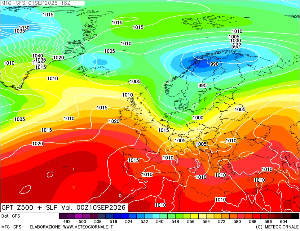 mappa GFS: Geopotenziale a 500 hPa + Pressione sul livello del mare