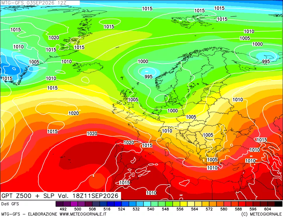 mappa GFS: Geopotenziale a 500 hPa + Pressione sul livello del mare