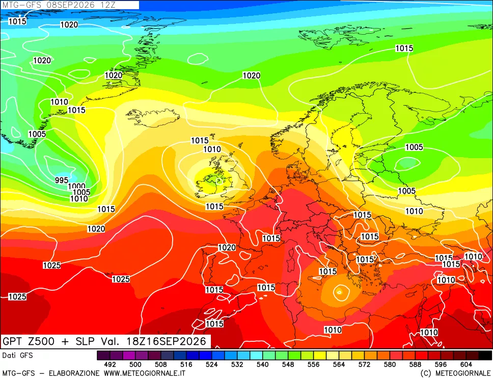 mappa GFS: Geopotenziale a 500 hPa + Pressione sul livello del mare