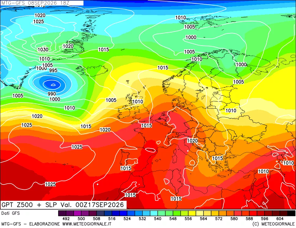 mappa GFS: Geopotenziale a 500 hPa + Pressione sul livello del mare