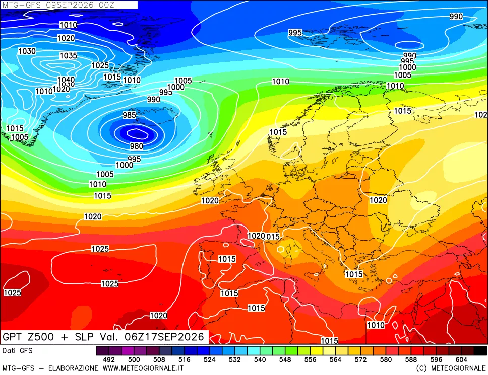 mappa GFS: Geopotenziale a 500 hPa + Pressione sul livello del mare