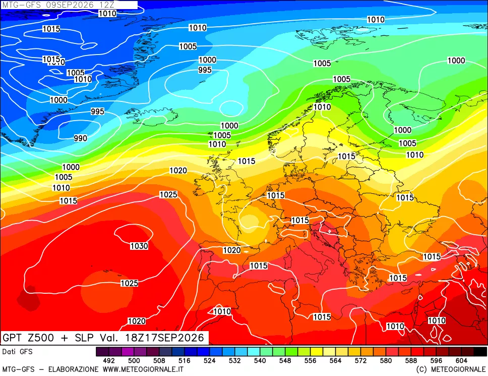 mappa GFS: Geopotenziale a 500 hPa + Pressione sul livello del mare