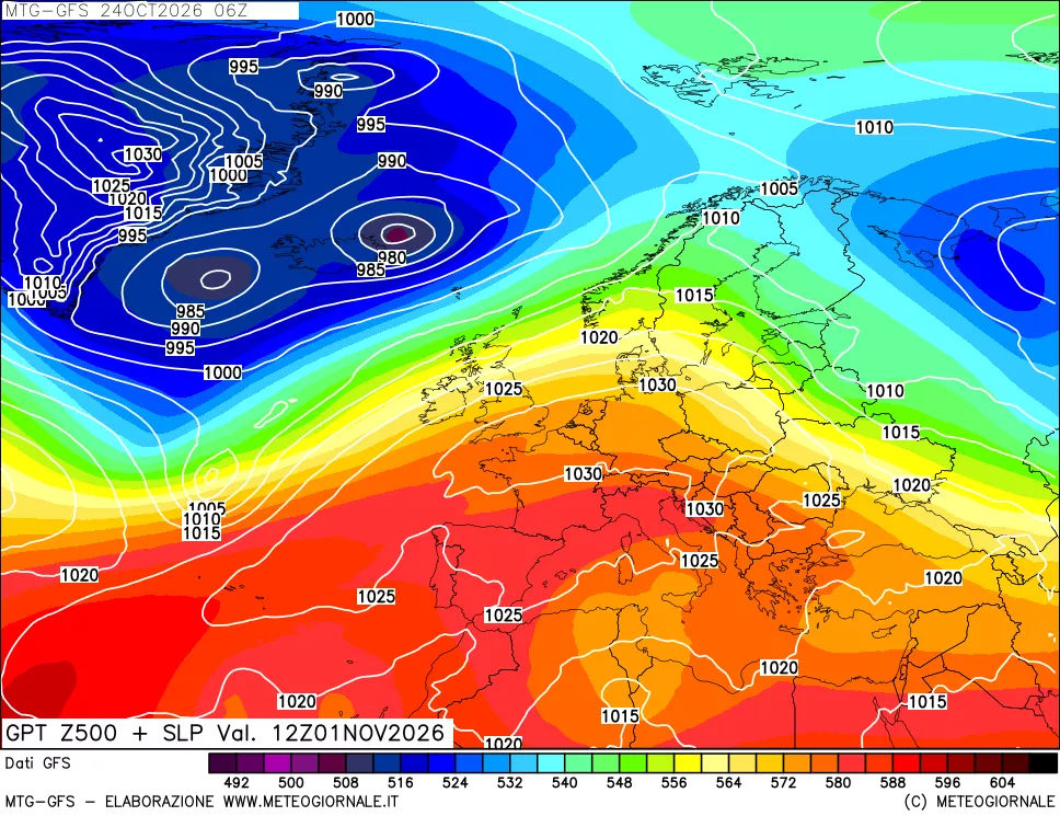 mappa GFS: Geopotenziale a 500 hPa + Pressione sul livello del mare
