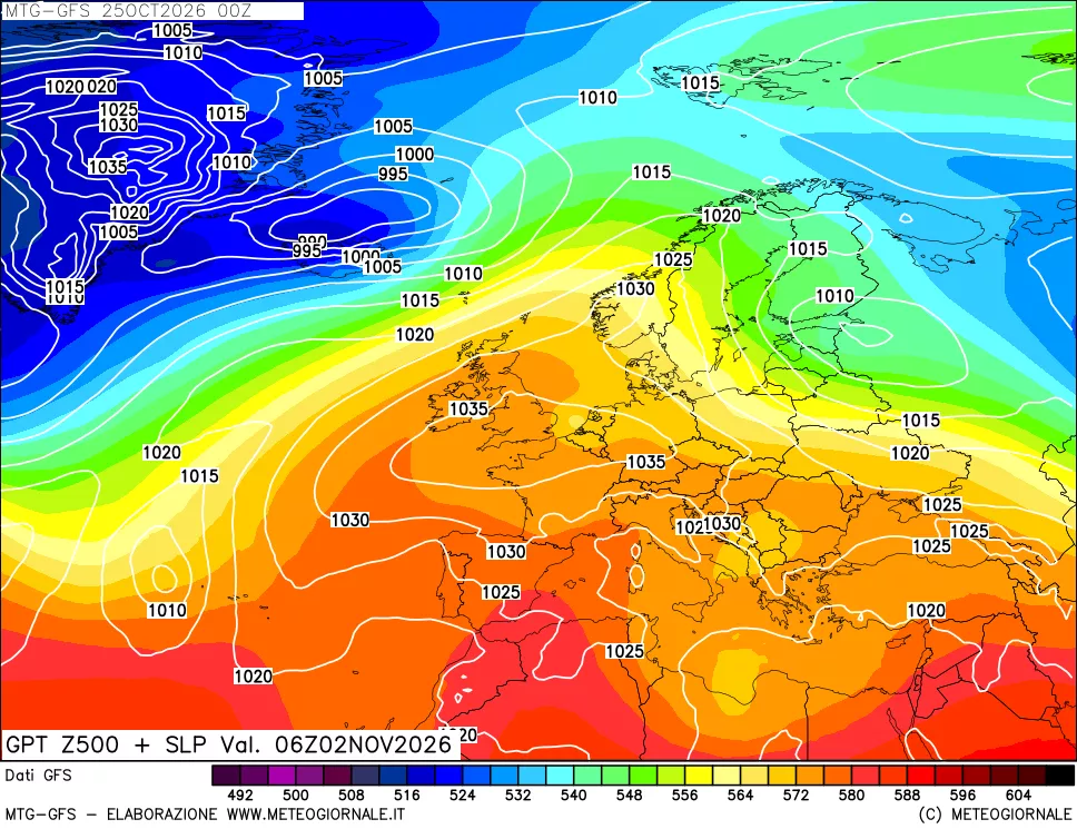 mappa GFS: Geopotenziale a 500 hPa + Pressione sul livello del mare