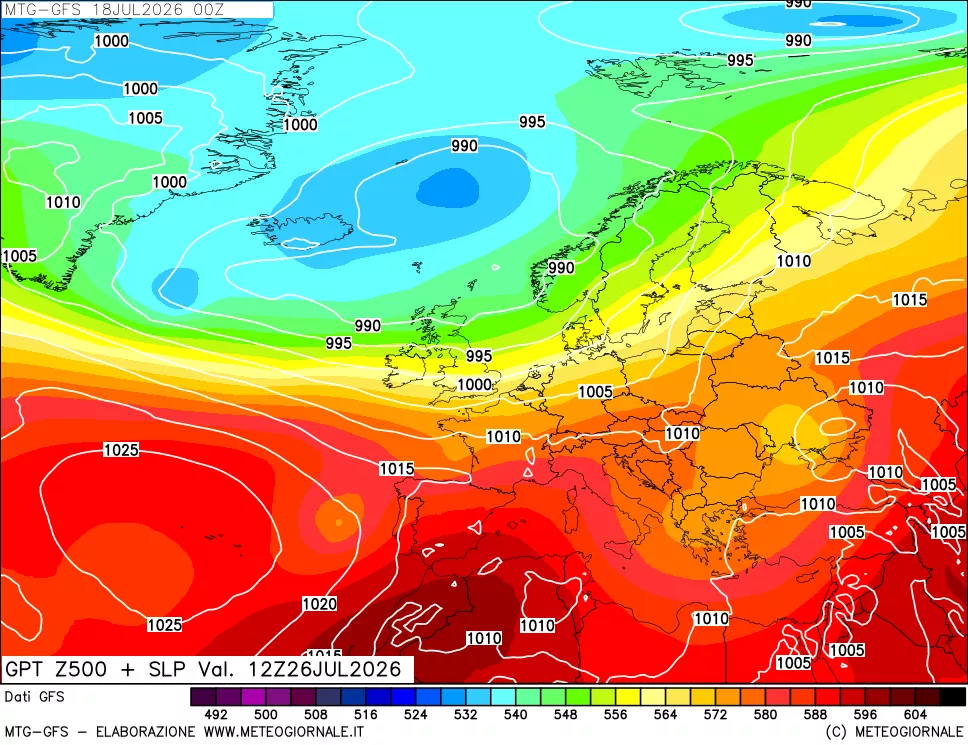 mappa GFS: Geopotenziale a 500 hPa + Pressione sul livello del mare