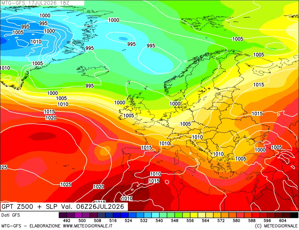mappa GFS: Geopotenziale a 500 hPa + Pressione sul livello del mare