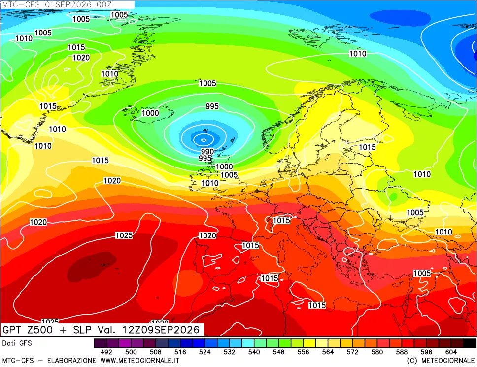 mappa GFS: Geopotenziale a 500 hPa + Pressione sul livello del mare